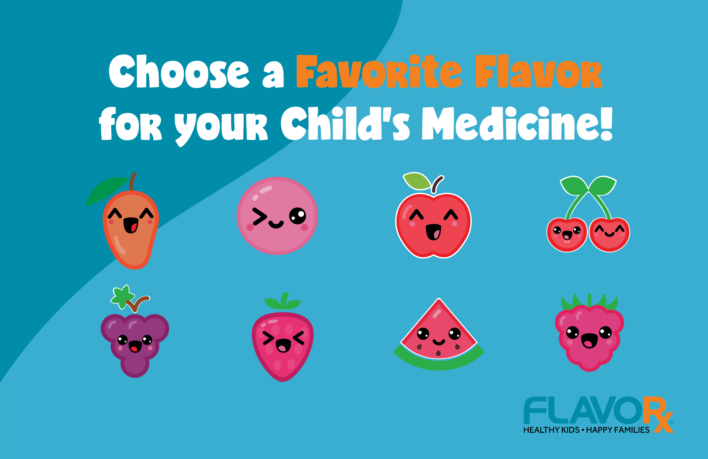 FLAVORx ad with emojis of different fruits like strawberries, cherries, grapes with smiles and winks